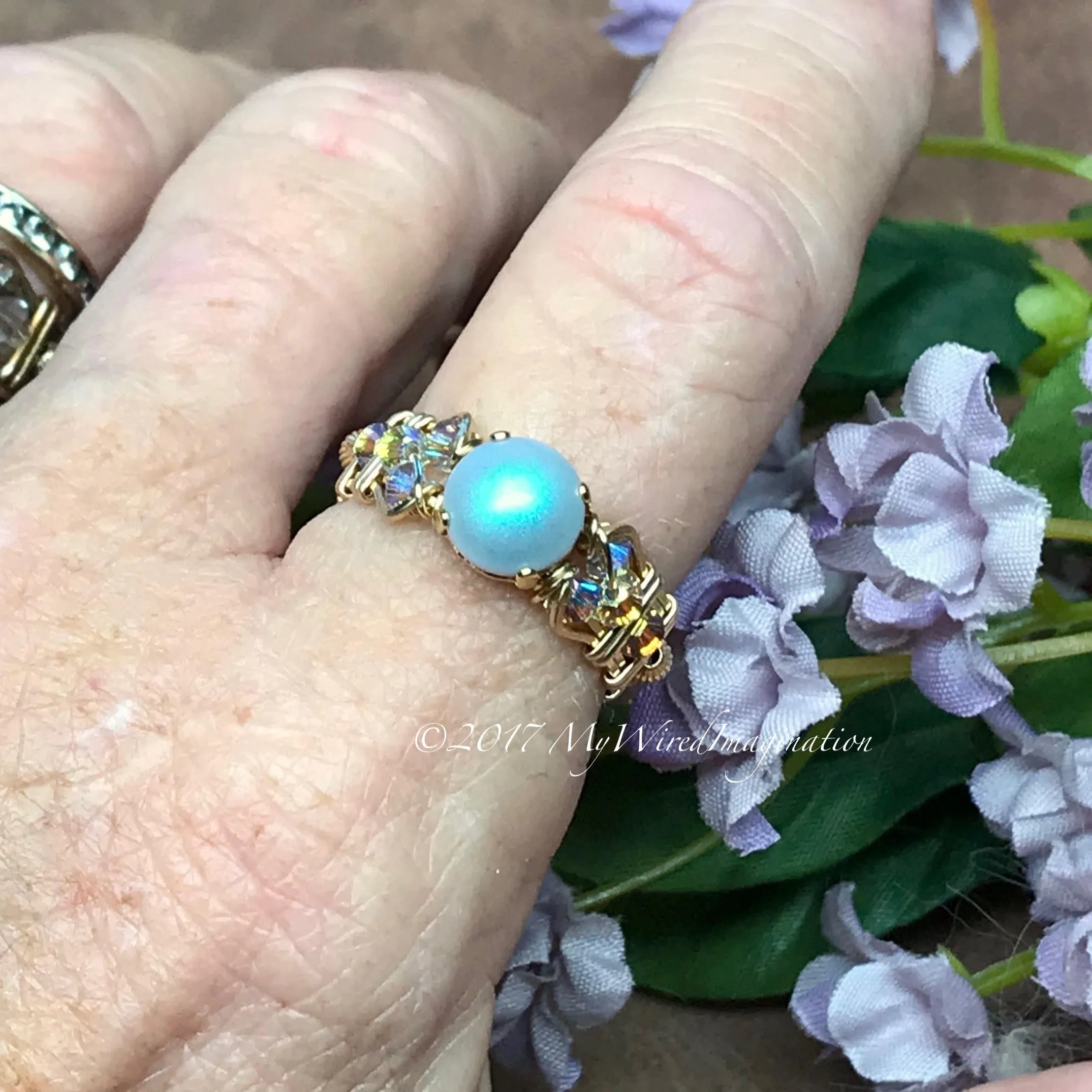 Swarovski Crystal Pearl Handmade Ring, Iridescent Light Blue Pearl 14K GF US Size 7